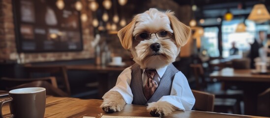 A small fawncolored Toy dog with a snout, sitting at a hardwood table, dressed in a suit and tie. A perfect example of a carnivore companion dog