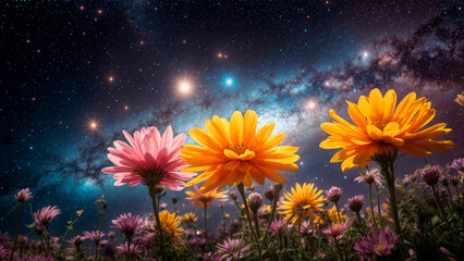 Flowers on a galactic background - obrazy, fototapety, plakaty
