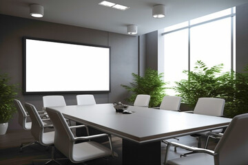 A contemporary meeting room setup with a clean, sleek design and an eye-catching blank white frame, radiating a sense of professionalism.