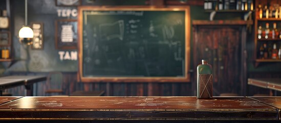 A simulation of a blank blackboard inside a bar, shown in close-up. Created using techniques. - obrazy, fototapety, plakaty