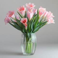 A beautiful arrangement of pink tulips and white gladiolus flowers in a minimalist vase, perfect for home decoration or special events.