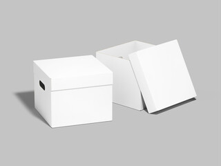 White Blank Cardboard Storage Box 3D Mockup with Grey Background