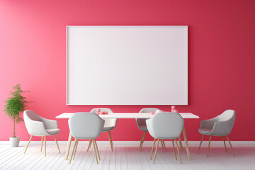 A contemporary meeting area with a clean, minimalist aesthetic and an eye-catching blank white frame against a vibrant background.