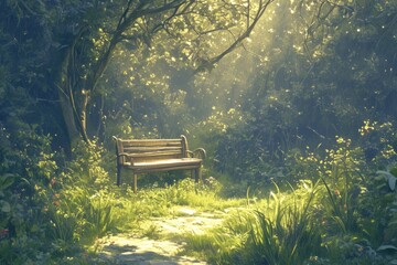 Wooden bench in nature, anime style, wallpaper,