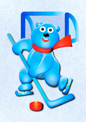 3D Cartoon bear hockey player.Vector illustration of a bear on the ice with a stick and a puck.