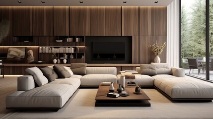 Interior composition of a sophisticated living room with elegant color palette 