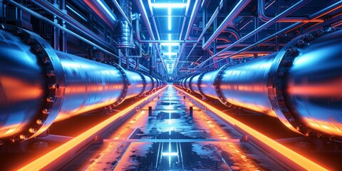 Futuristic Holographic Industrial Pipelines with Neon Glow in Energy Sector Facility - obrazy, fototapety, plakaty