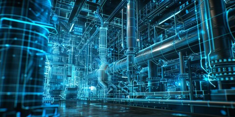 Neon Blueprints of an Industrial Plant: Precision in Engineering