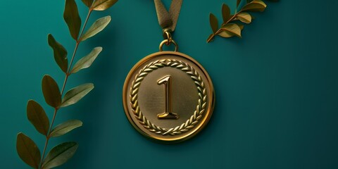 Golden First-Place Medal with Laurel Wreath on Teal Background
