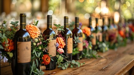 wedding wine table, with decorated wine bottles