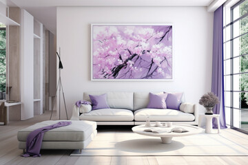 A contemporary living room in vibrant lilac shades, highlighting an empty white frame against a backdrop of modern, minimalist furnishings.