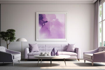 A contemporary living room in vibrant lilac shades, highlighting an empty white frame against a backdrop of modern, minimalist furnishings.