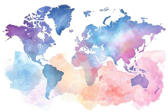 Watercolor clipart of a detailed world map, vibrant and exploratory, isolated on white background for travel and adventure designs