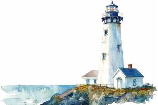 Watercolor clipart of a quaint lighthouse, guiding light theme, detailed and serene, isolated on a white background for coastal themes