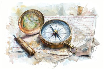 An elegant watercolor of an antique compass, its needle pointing north, surrounded by old maps, on white