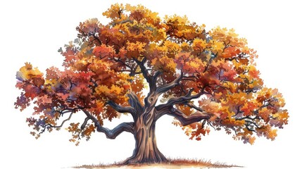 Majestic oak tree in autumn, watercolor clipart, rich golden and red hues, detailed bark and leaves, isolated on white background