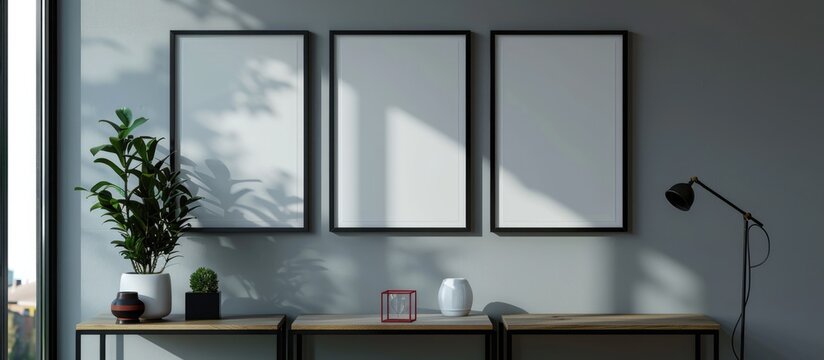 Mockups of black frames hanging on a wall.