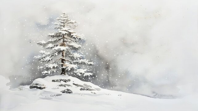 An elegant watercolor depiction of a winter night, with a lone pine tree adorned with snow, stark beauty contrasted on white