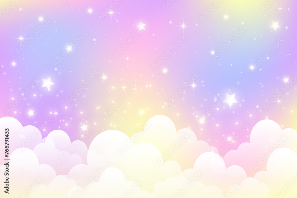 Poster cute unicorn colored sky with stars and clouds. rainbow pastel vector background. abstract gradient 