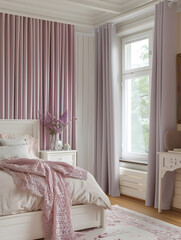 Bedroom with furniture, window, pink curtains property interior design