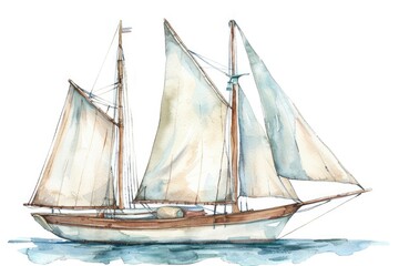 Watercolor clipart of a classic sailboat, serene sea vibes, detailed and calm, isolated on a white background for nautical themes