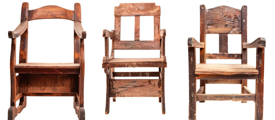 Set of  old rustic wooden chairs, isolated on transparent background