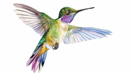Watercolor clipart of a delicate hummingbird in flight, vibrant and lifelike, isolated on white background for natureinspired designs