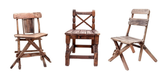 Set of  old rustic wooden chairs, isolated on transparent background