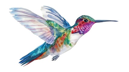 Obraz premium Watercolor clipart of a delicate hummingbird in flight, vibrant and lifelike, isolated on white background for natureinspired designs