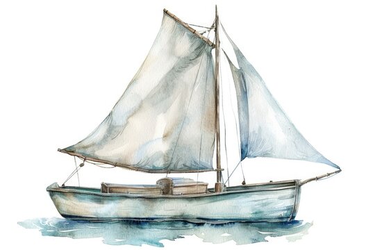 Watercolor clipart of a classic sailboat, serene sea vibes, detailed and calm, isolated on a white background for nautical themes
