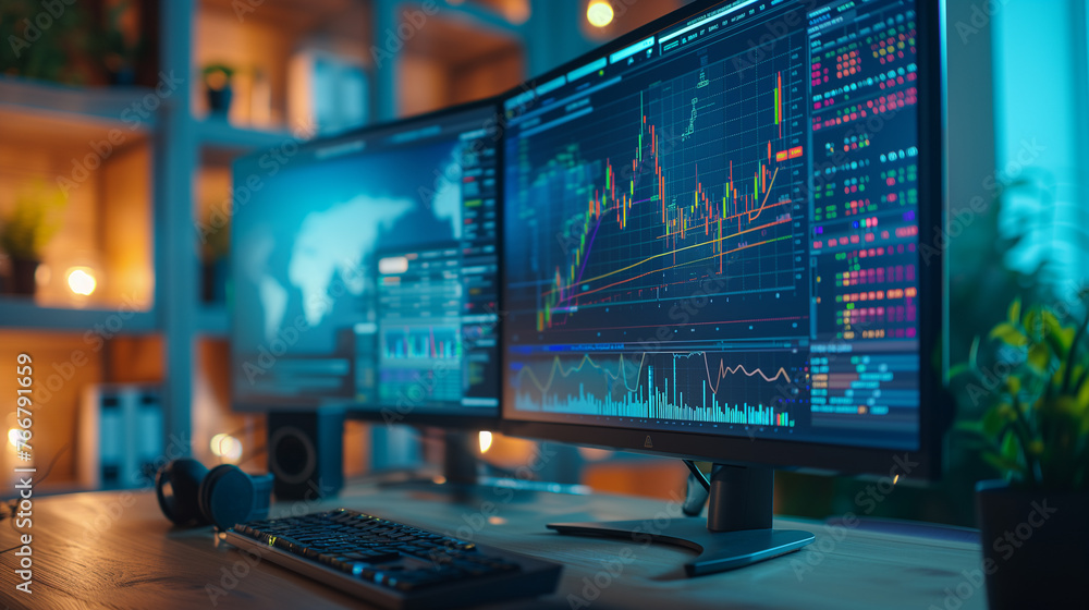 Poster a well-organized trading setup with multiple monitors displaying colorful graphs, charts, and financ