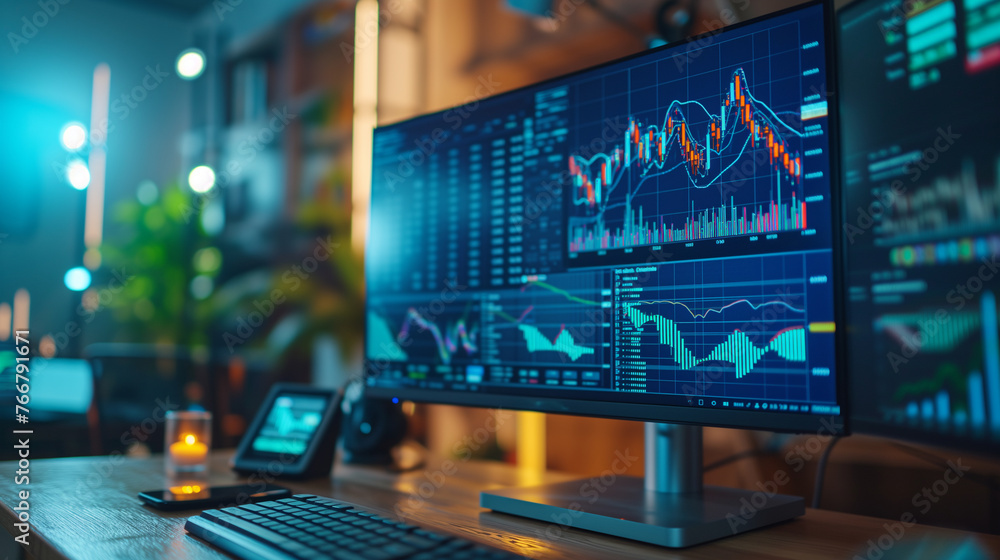 Poster a well-organized trading setup with multiple monitors displaying colorful graphs, charts, and financ