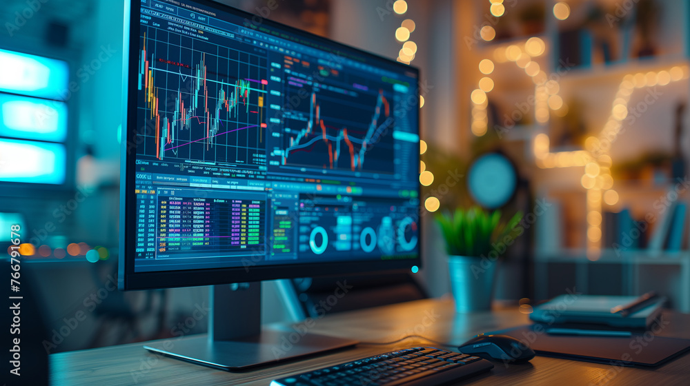 Poster a well-organized trading setup with multiple monitors displaying colorful graphs, charts, and financ