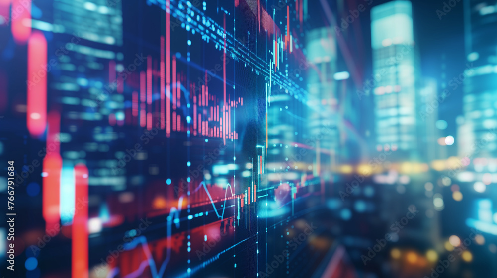 Poster abstract visualization of financial data with glowing graphs, numbers, and stock market trends on a 