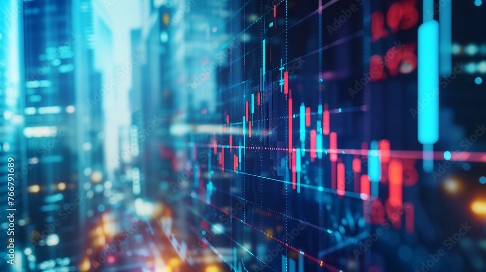 Poster abstract visualization of financial data with glowing graphs, numbers, and stock market trends on a 
