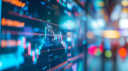 Abstract visualization of financial data with glowing graphs, numbers, and stock market trends on a futuristic interface.