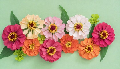 Multi-colored zinnia blossoms against a plain background