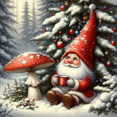 Merry Christmas Illustration, cute xmas gnome with cup of tea next to mushroom, in snow covered forest, Christmas vintage card, poster - 766791872