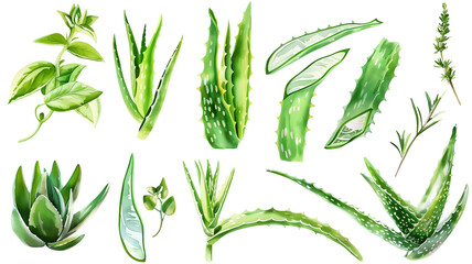 Set of healthy herbs elements, Fresh   aloe vera, isolated on transparent background - obrazy, fototapety, plakaty