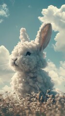 A charming cloud-shaped bunny appears to sniff the air in a whimsical sky garden, with a backdrop of fluffy clouds and clear blue.