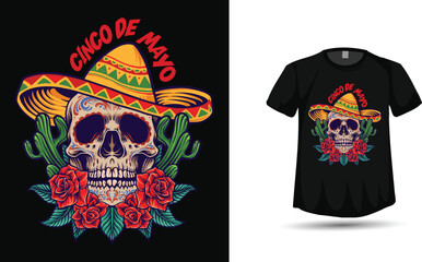 Cinco de mayo skull roses cactus mexican hat vector tshirt design