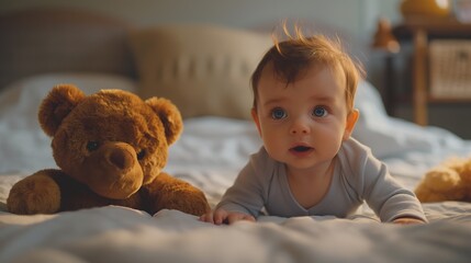 Adorable family with baby girl and a teddy bear lying on bed and looking at each other