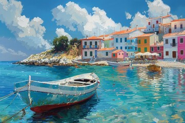 Vivid oil painting of a serene seaside town with colorful buildings and a moored boat in the foreground
