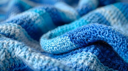 The textured knit fabric comes alive with a mesmerizing display of vibrant blues, flowing in waves that imbue the material with both softness and depth. - obrazy, fototapety, plakaty