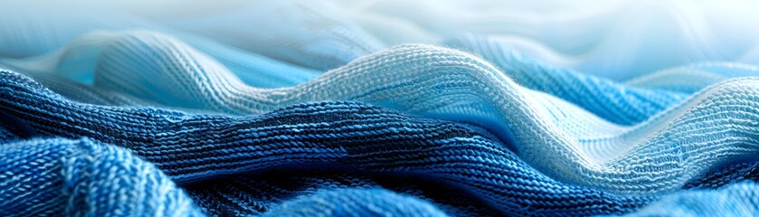 Vibrant shades of blue flow in a wavelike pattern across this textured knit fabric, illustrating softness and depth.