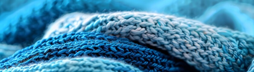 Across this textured knit fabric, one can observe the graceful flow of vibrant blues in a wavelike pattern, evoking a sense of softness and depth.