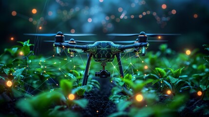 An abstract representation of futuristic agricultural drones and digital sensors monitoring crop health in a minimalist farm - obrazy, fototapety, plakaty