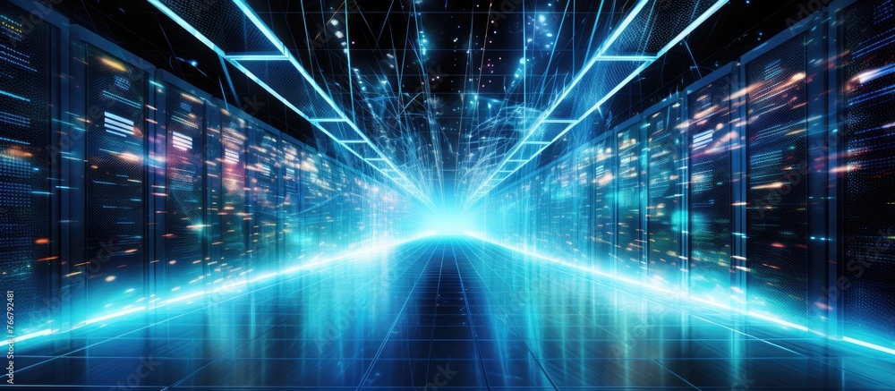 Poster a purple electric blue light is shining from the end of the tunnel, creating a mesmerizing visual ef
