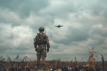 Soldier in Camouflage Observing Drone Flight Against Stormy Sky, Technology in Military Operations
