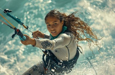 Action shot of a young female kiteboarder riding waves, intense focus in a tropical sea setting